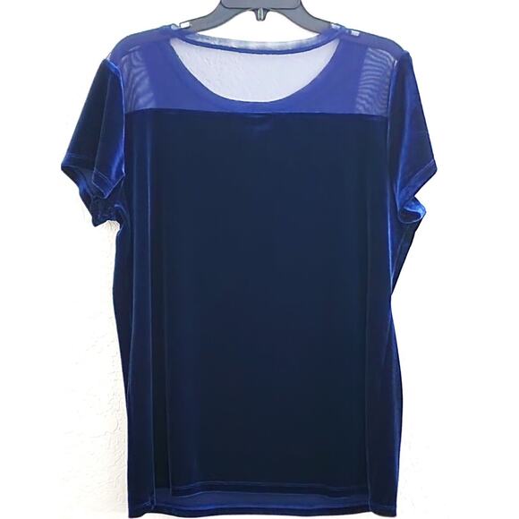 TOP/BLOUSE-INTERNATIONAL CONCEPTS-INC-Dark Blue Velvet-Netting-Short Sleeve-XL - Picture 2 of 10